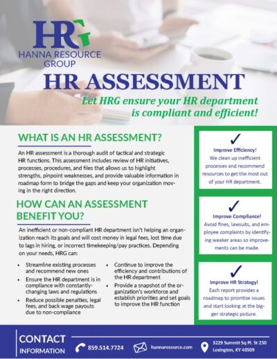 HR-Assessments-FINAL-791x1024 Flyer sharing information about Hanna Resource Group's HR HR Assessment service